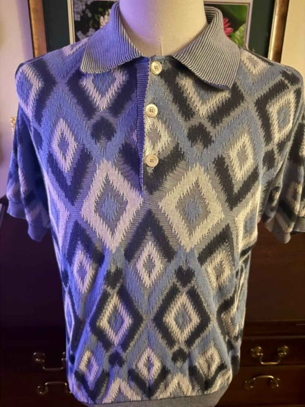 Piacenza 1733 Silk and Cotton Blend Argyle Polo Sz 48, Italy, Nw/oT, RT $455